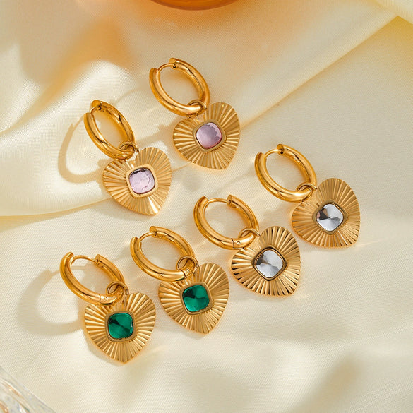 Heart Shaped Stainless Steel Earrings With Rhinestone Inlay And 18K Gold Vacuum Plating For Women
