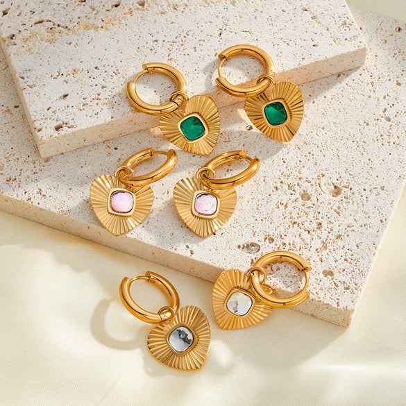 Heart Shaped Stainless Steel Earrings With Rhinestone Inlay And 18K Gold Vacuum Plating For Women