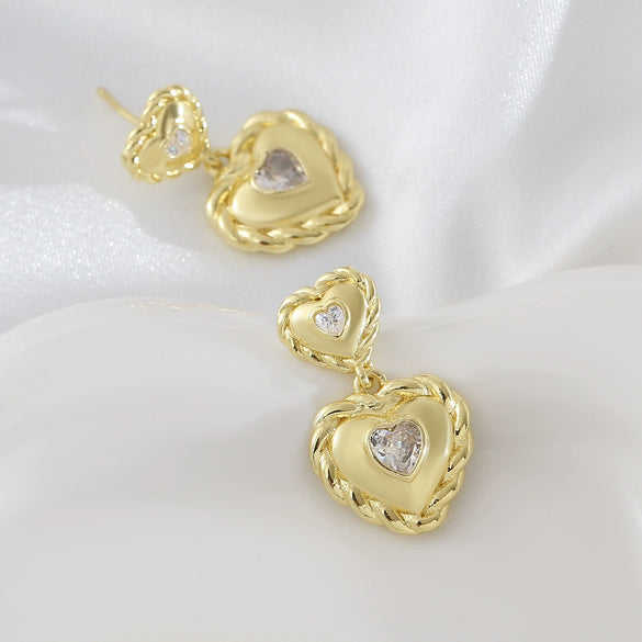 Heartshaped Copper Earrings With Hemp Pattern Goldplated For Women
