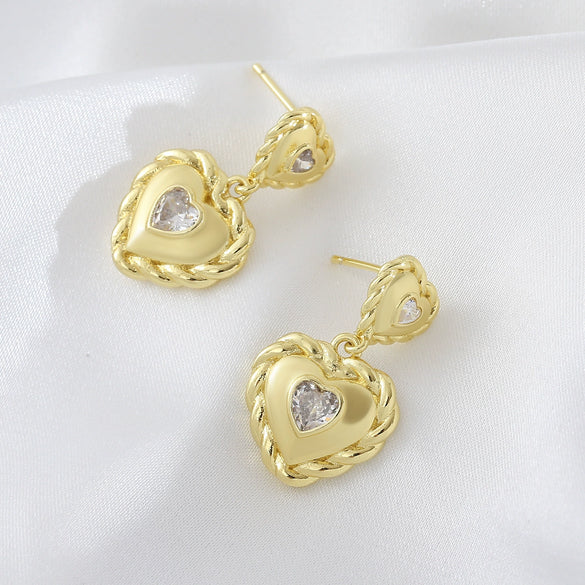 Heartshaped Copper Earrings With Hemp Pattern Goldplated For Women