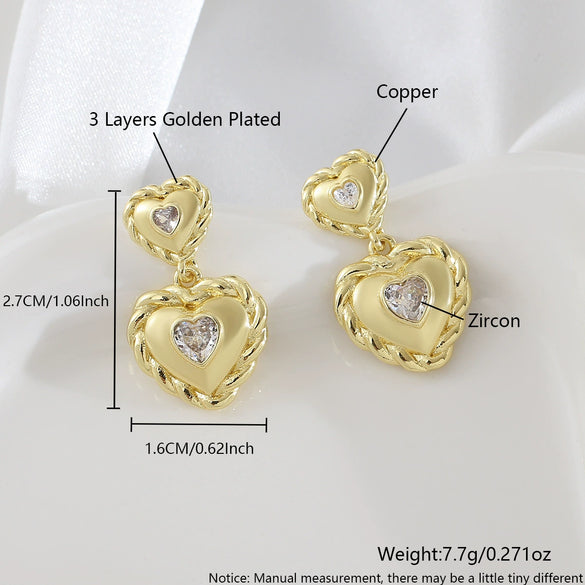 Heartshaped Copper Earrings With Hemp Pattern Goldplated For Women