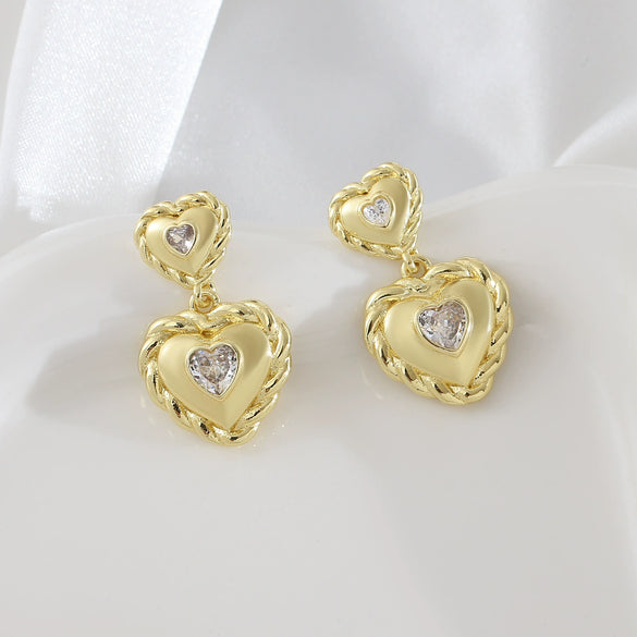 Heartshaped Copper Earrings With Hemp Pattern Goldplated For Women