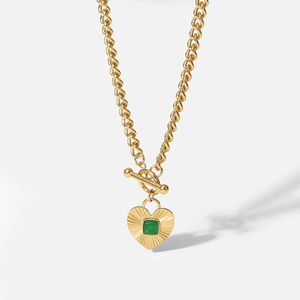 Heartshaped Pendant Cuban Chain Necklace For Women Made Of Stainless Steel With Electroplating And Green Agate Ote Buckle