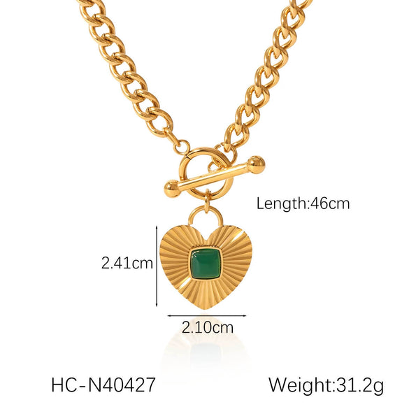 Heartshaped Pendant Inlaid With Green Agate Stainless Steel Cuban Chain Necklace For Women