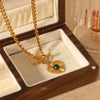 Heartshaped Pendant Inlaid With Green Agate Stainless Steel Cuban Chain Necklace For Women