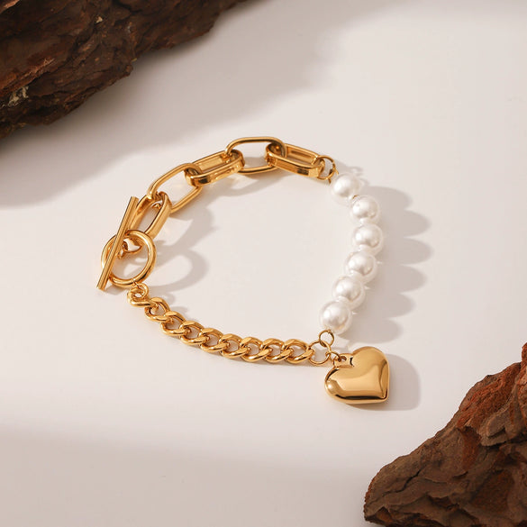 Heartshaped Pendant Titanium Steel And Stainless Steel Bracelet With Imitation Pearl Electroplated For Women