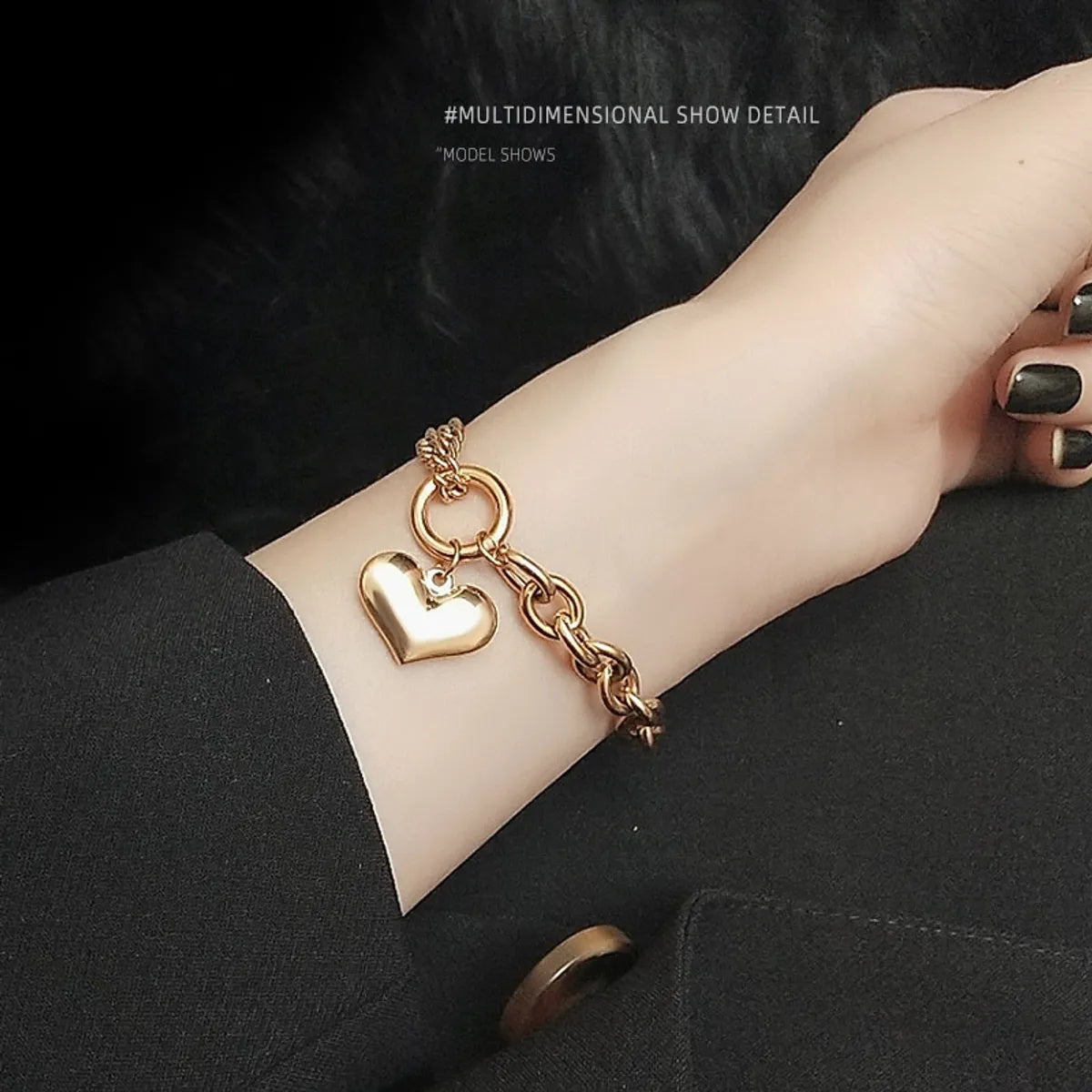 Heavy Rough Flat Love-shaped Wild Heart Titanium Steel Plated 18k Gold Bracelet For Women