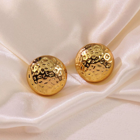 High End Ins Thick Metallic Stainless Steel Round Earrings With Hammer Texture And Geometric Pattern For Women Polished