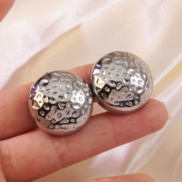 High End Ins Thick Metallic Stainless Steel Round Earrings With Hammer Texture And Geometric Pattern For Women Polished
