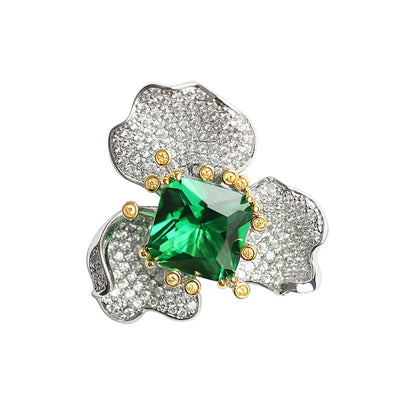 High-end Jewelry Flower Stud Earrings Dignified Generous Style Fashion Green Imitation Emerald Ring High-grade Necklace Set For Women