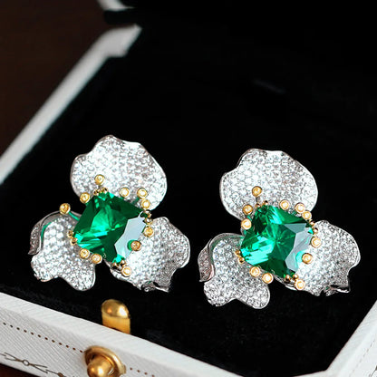 High-end Jewelry Flower Stud Earrings Dignified Generous Style Fashion Green Imitation Emerald Ring High-grade Necklace Set For Women