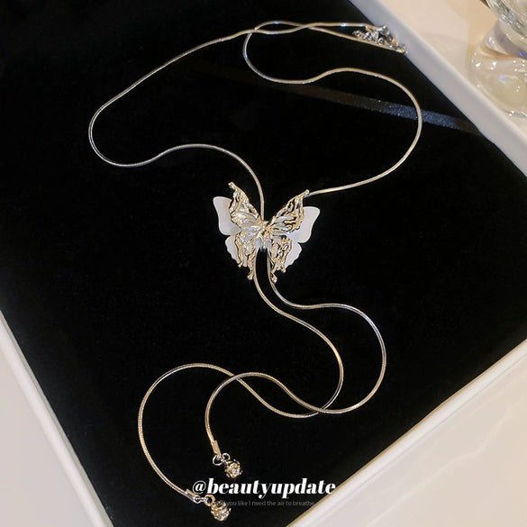 High End Long Adjustable Butterfly Tassel Alloy Clavicle Necklace With Electroplating For Women