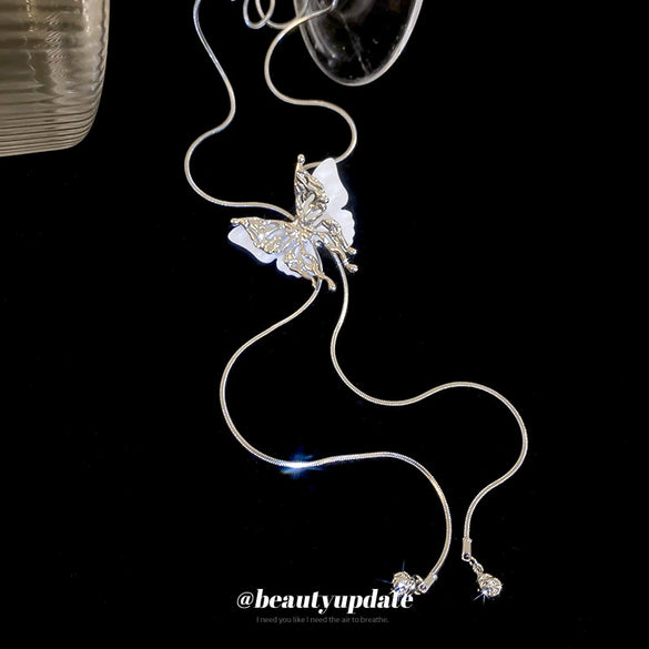 High End Long Adjustable Butterfly Tassel Alloy Clavicle Necklace With Electroplating For Women