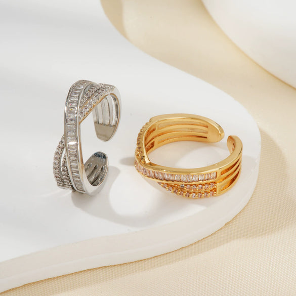 High End Minimalist Geometric Copper Open Ring For Women With Electroplated Finish And Sparkling Zircon Inlay