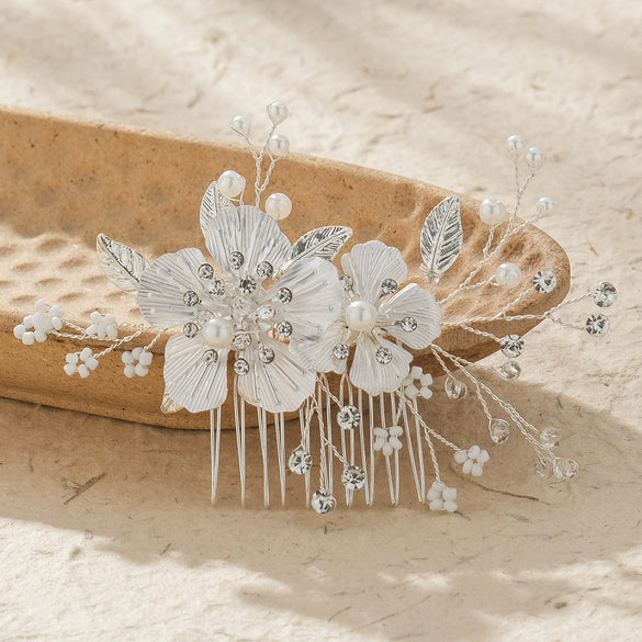 High End Retro Bridal Rhinestone Flower Pearl Hair Comb Hand Beaded Wedding Headdress For Women