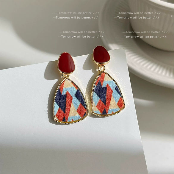 High End Retro Geometric Contrasting Color Enamel Drop Earrings For Women Electroplated Metal Statement Earrings