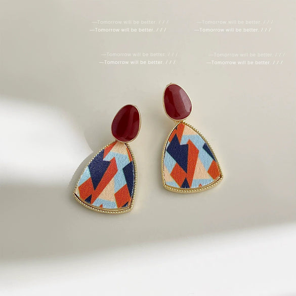 High End Retro Geometric Contrasting Color Enamel Drop Earrings For Women Electroplated Metal Statement Earrings