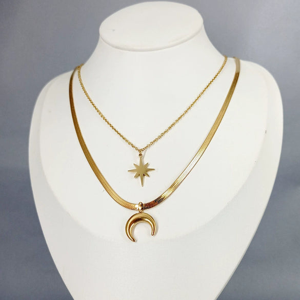 High End Women's Double Layer Clavicle Chain Necklace With Star And Moon Pendant Made Of Titanium Steel And Stainless Steel Geometric Pattern 18K Gold Plated Electroplated