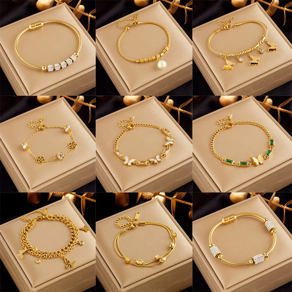 High Grade Niche Design Light Luxury Elegant Gold Plated Titanium Steel Butterfly Pearl Flower Diamond Embedded Women's Bracelet With Electroplating Treatment