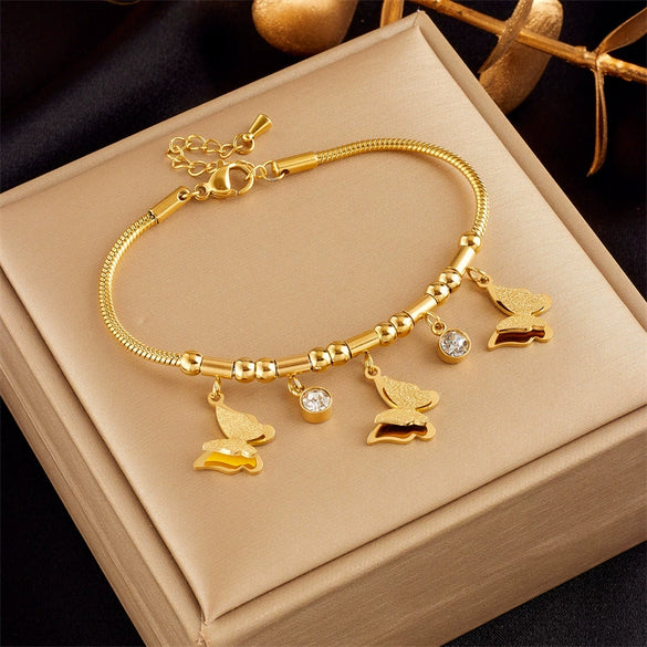 High Grade Niche Design Light Luxury Elegant Gold Plated Titanium Steel Butterfly Pearl Flower Diamond Embedded Women's Bracelet With Electroplating Treatment
