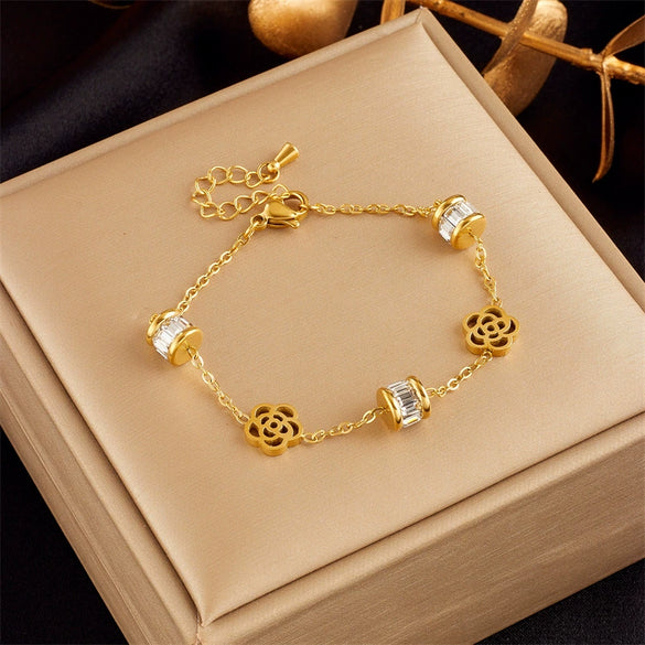 High Grade Niche Design Light Luxury Elegant Gold Plated Titanium Steel Butterfly Pearl Flower Diamond Embedded Women's Bracelet With Electroplating Treatment