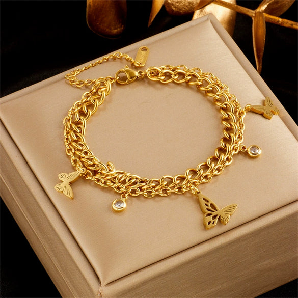 High Grade Niche Design Light Luxury Elegant Gold Plated Titanium Steel Butterfly Pearl Flower Diamond Embedded Women's Bracelet With Electroplating Treatment