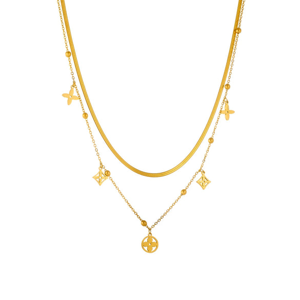 High Grade Small Flower Double Layer Women's Titanium Steel Necklace With Geometric Design And Box Chain