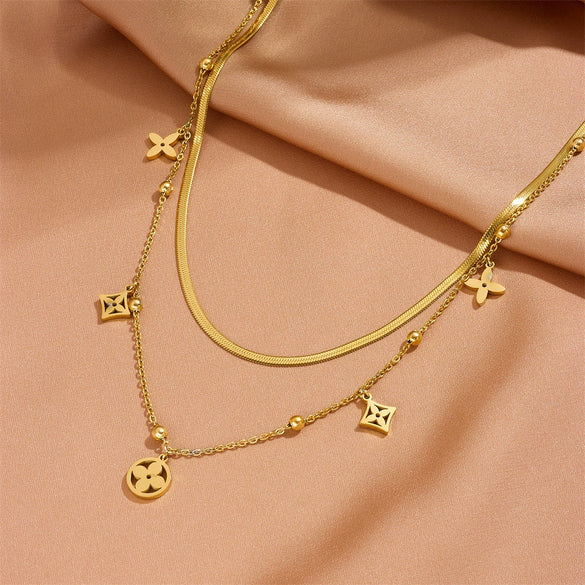 High Grade Small Flower Double Layer Women's Titanium Steel Necklace With Geometric Design And Box Chain