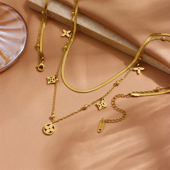 High Grade Small Flower Double Layer Women's Titanium Steel Necklace With Geometric Design And Box Chain