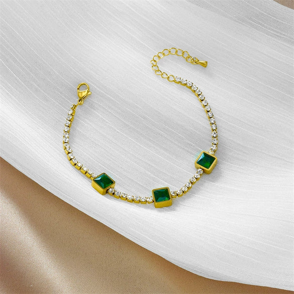 High Grade Women's Titanium Steel Bracelet With Green Diamond And Geometric Design Electroplated