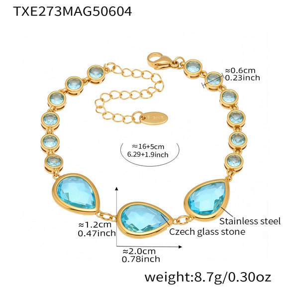 High Quality Transparent Drop Shaped Czech Glass Stone Bracelet In Stainless Steel With Geometric Pattern And Electroplating For Women
