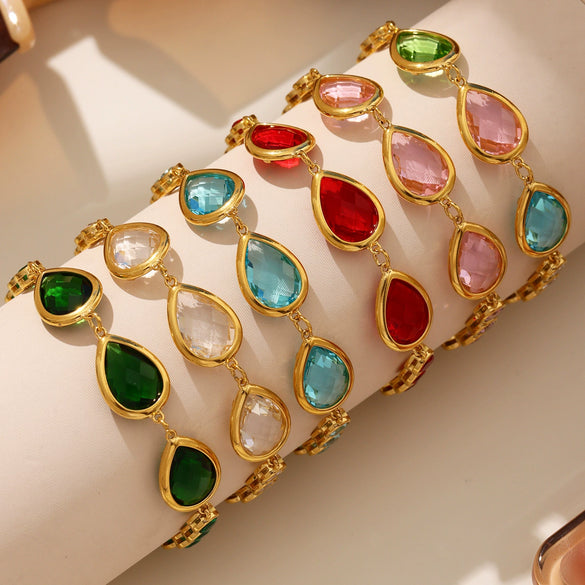 High Quality Transparent Drop Shaped Czech Glass Stone Bracelet In Stainless Steel With Geometric Pattern And Electroplating For Women