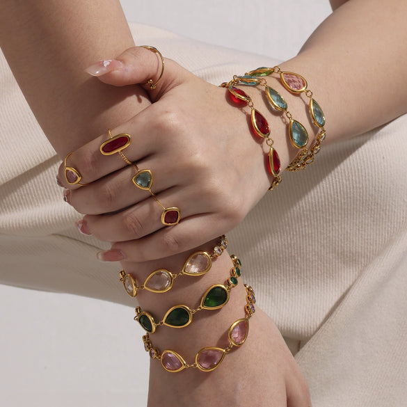 High Quality Transparent Drop Shaped Czech Glass Stone Bracelet In Stainless Steel With Geometric Pattern And Electroplating For Women
