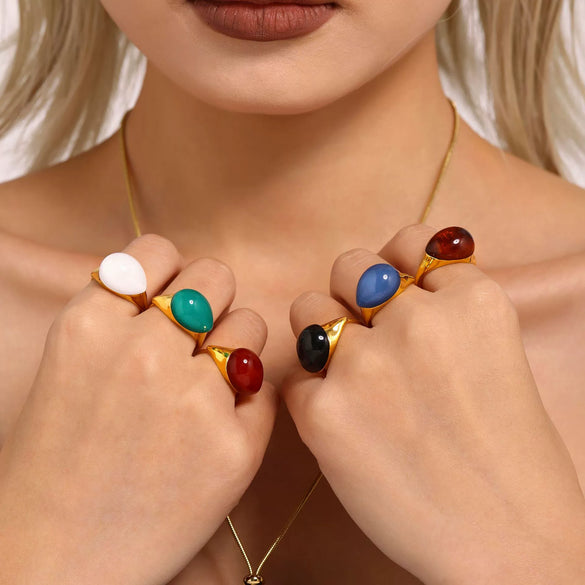 High Texture Multi Color Water Drop Resin Stainless Steel Opening Adjustable Ring With Electroplating For Women