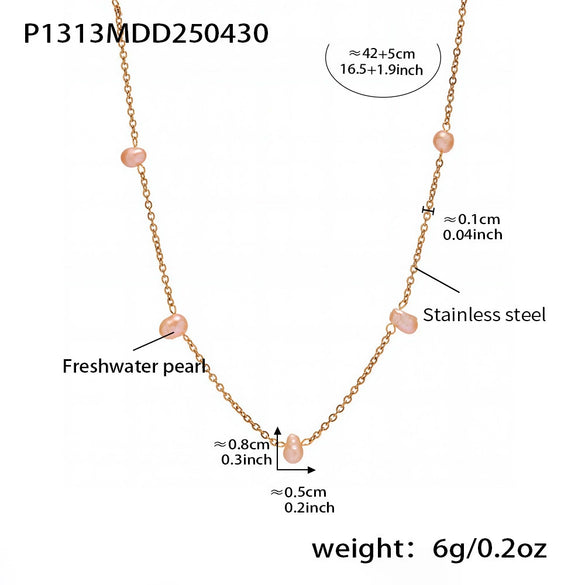 High Textured Pink Freshwater Pearl Collarbone Necklace In Stainless Steel With Geometric Shape And Electroplating For Women