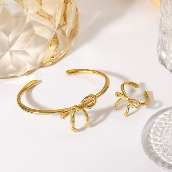 Highclass Temperament Personality Bow Irregular Opening Bracelet Ring For Female Made Of Stainless Steel And 18K With 18K Vacuum Plating In Furnace