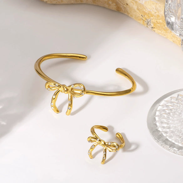 Highclass Temperament Personality Bow Irregular Opening Bracelet Ring For Female Made Of Stainless Steel And 18K With 18K Vacuum Plating In Furnace