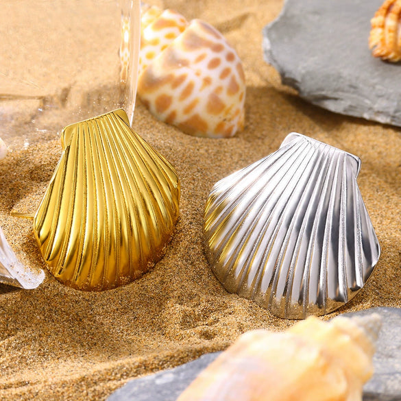 Highend Fashionable Exaggerated Holiday Style Stainless Steel Gold Platinum Shell Earrings With Ocean Life Pattern Electroplated