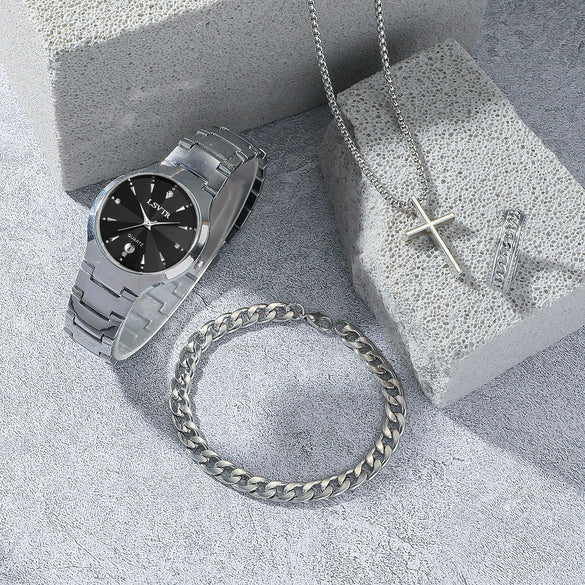 Highend Men's Business Style Metal Alloy Stainless Steel Round Dial Quartz Threeeye Watch Cross Necklace Bracelet Ring Set