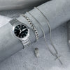 Highend Men's Business Style Metal Alloy Stainless Steel Round Dial Quartz Threeeye Watch Cross Necklace Bracelet Ring Set