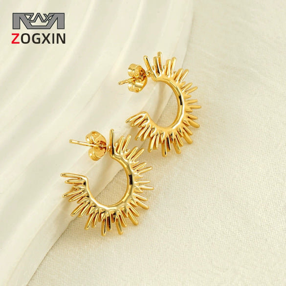 Highend Nonfading Titanium Steel Fanshaped Sunflower Earrings Electroplated Simple Style For Women