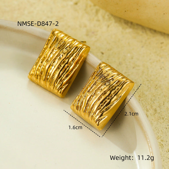 Highend Square Love Pleated Texture Stainless Steel Women's Vintage Heart Shape Electroplated Earrings