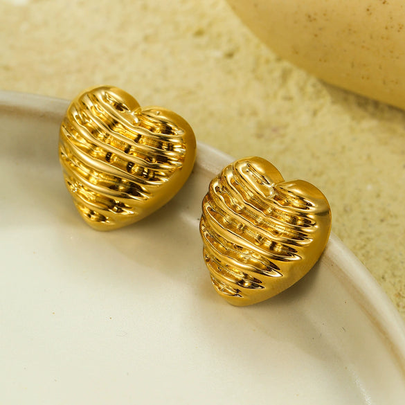 Highend Square Love Pleated Texture Stainless Steel Women's Vintage Heart Shape Electroplated Earrings