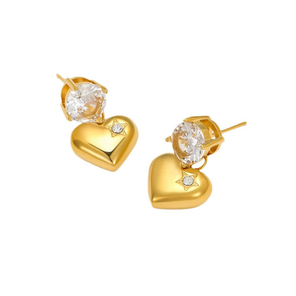 Highend Stainless Steel 18K Gold Glossy Love Zircon Pendant Women's Vintage Electroplated Earrings