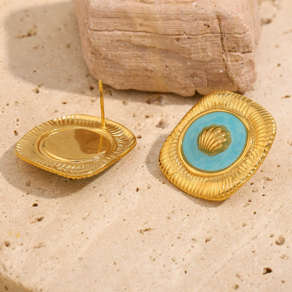 Highend Stainless Steel 18K Gold Plated Oil Drop Square Shell Earrings With Geometric Pattern