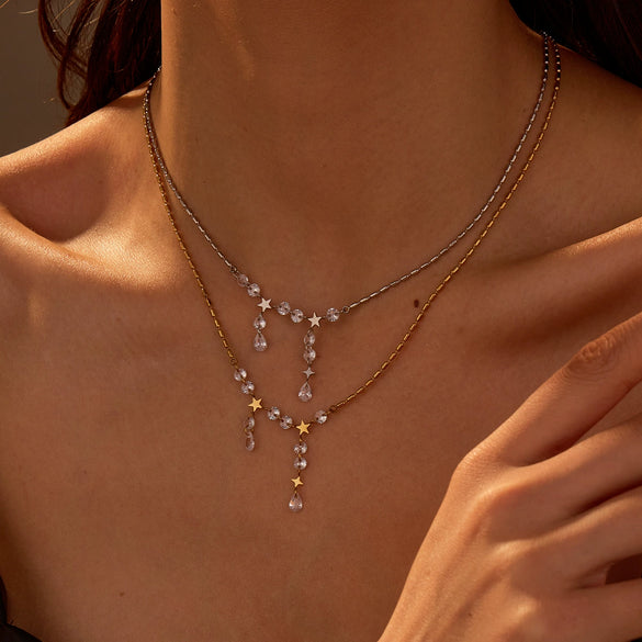 Highend Stainless Steel 18K Gold Plated Zircon Inlaid Geometric Tassel Necklace For Women