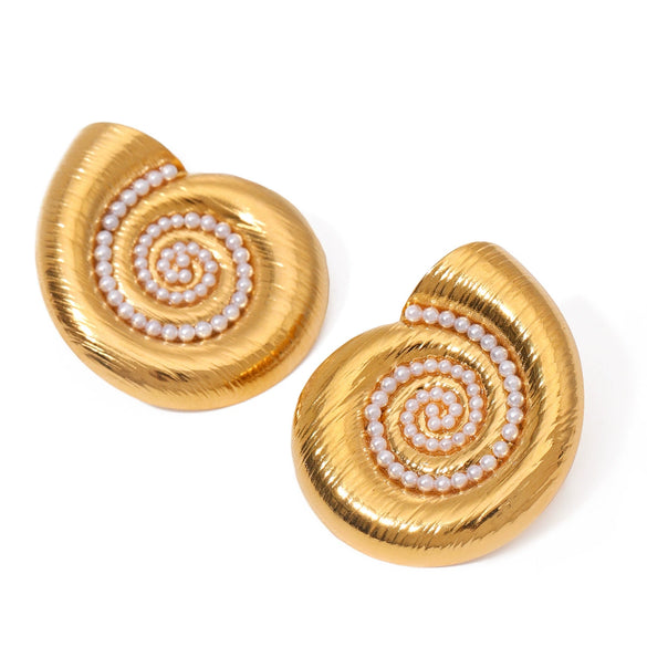 Highgrade Retro Stainless Steel Pearl Conch Shape Electroplated Earrings For Women