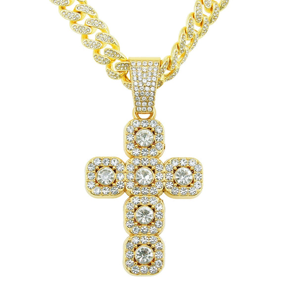 Hip Hop Alloy Cross Pendant Cuban Chain Necklace For Men With Diamond And Geometric Design
