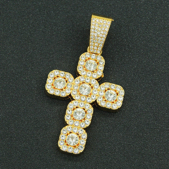 Hip Hop Alloy Cross Pendant Cuban Chain Necklace For Men With Diamond And Geometric Design