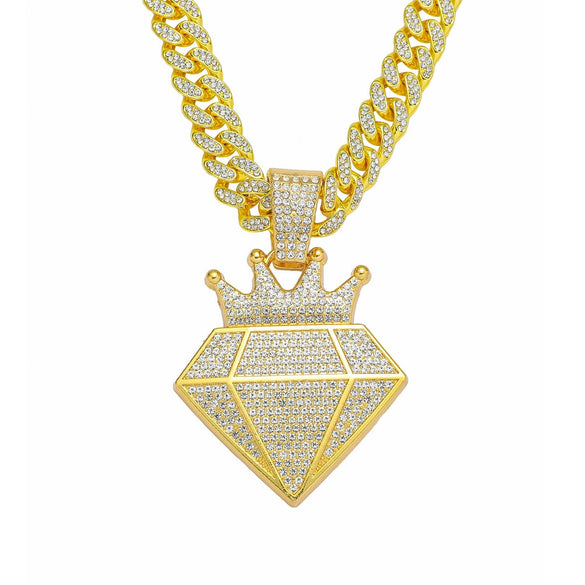 Hip Hop Alloy Crown Diamond Pendant Necklace With Cuban Chain
